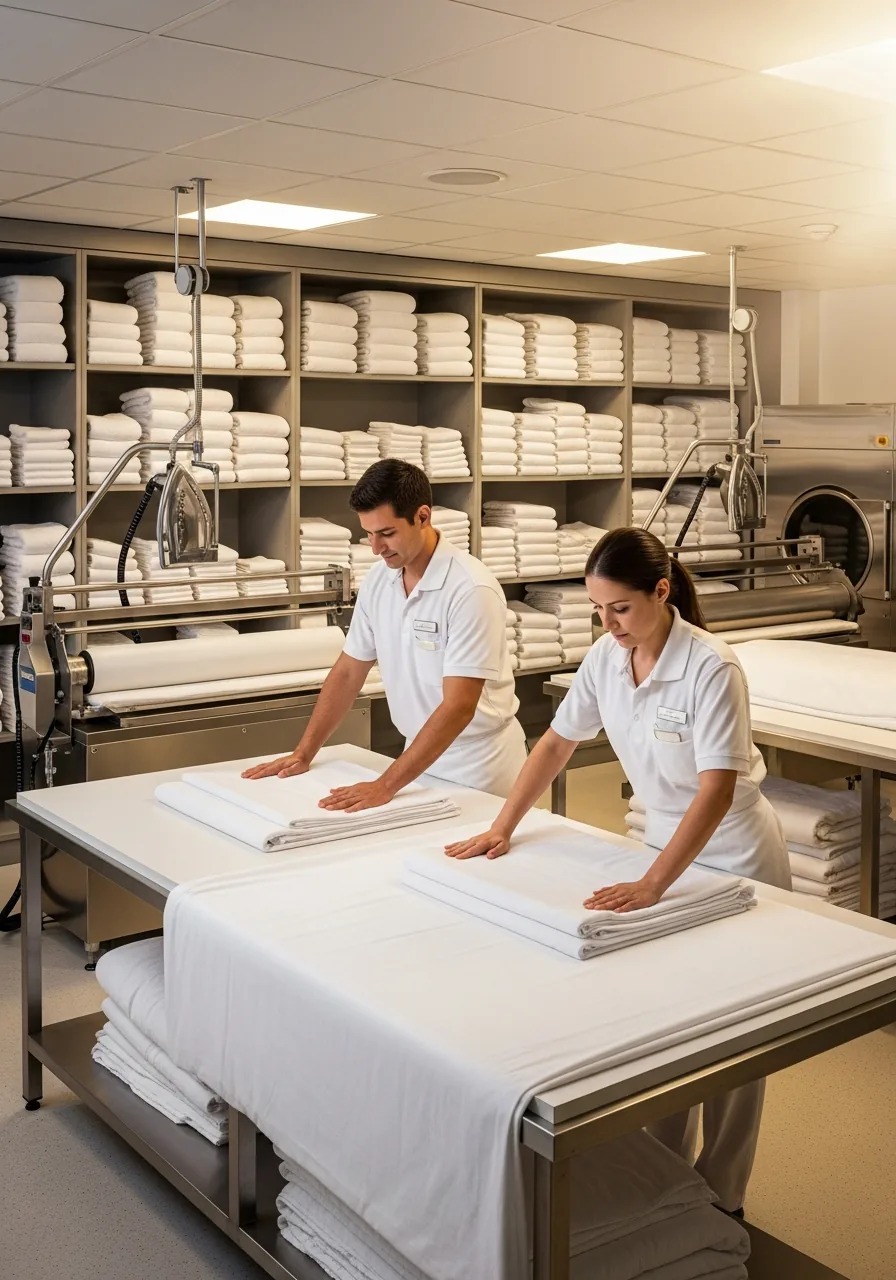 Illustration of hotel linen being folded in a commercial laundry